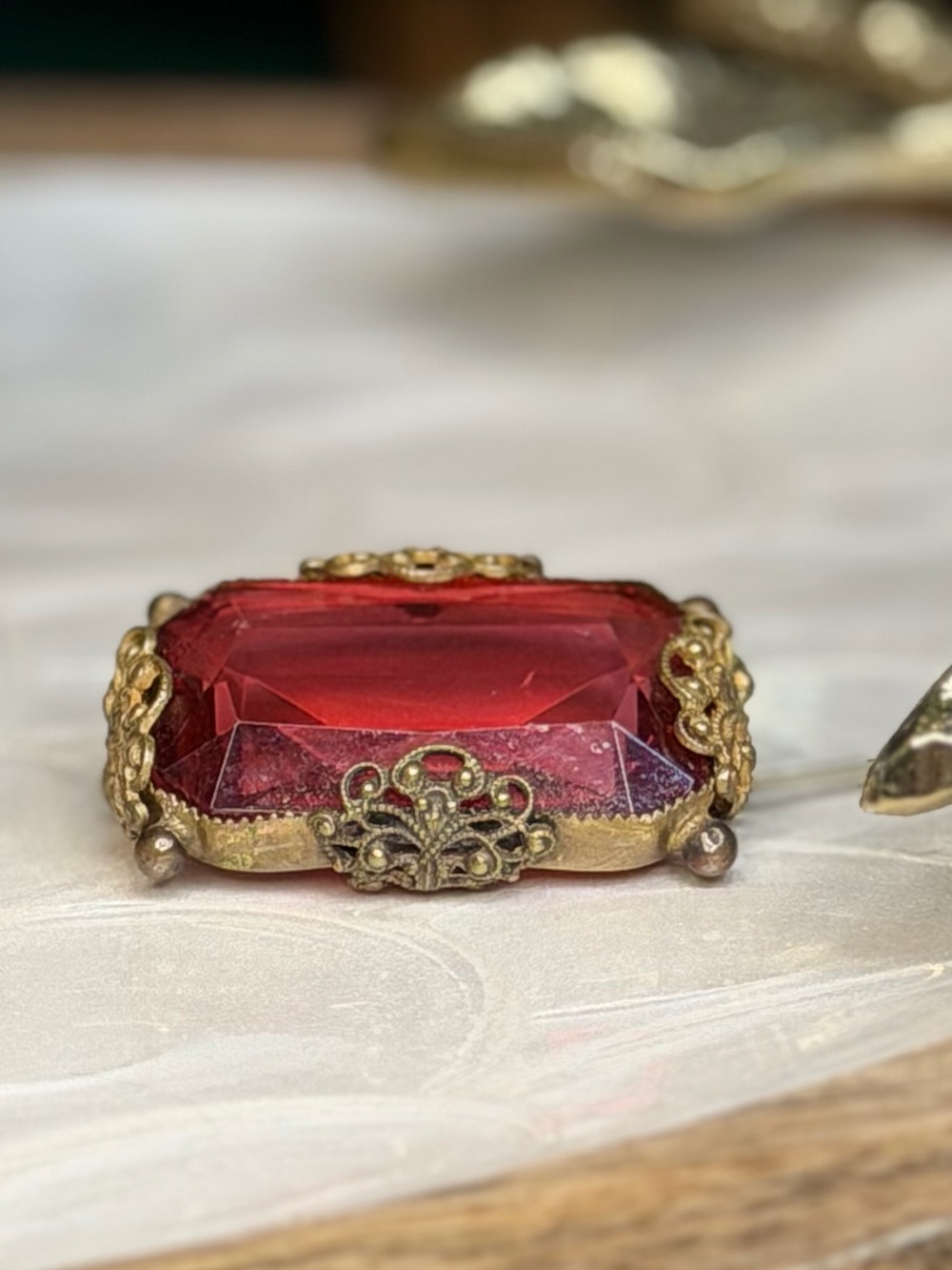 Antique Bohemian Czech Ruby Red Glass Brooch Edwardian Era - Picture 1 of 4
